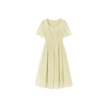 XIANGYING Short Sleeved Dress Women's Light Yellow