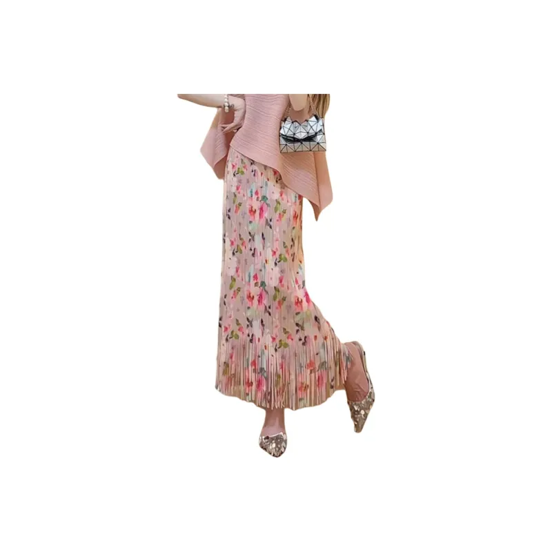 Wbwq Casual Long Skirt Women's Pink Floral-0