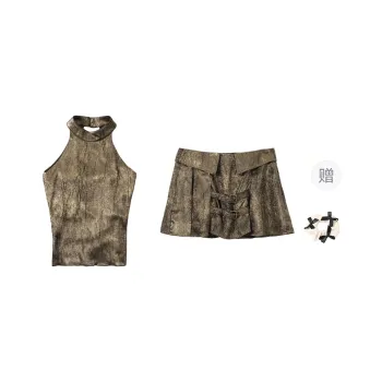 TURN UP Skirt Set Women's Set Vintage Gold Two Piece Set+Bowknot Hair Tie Comes With