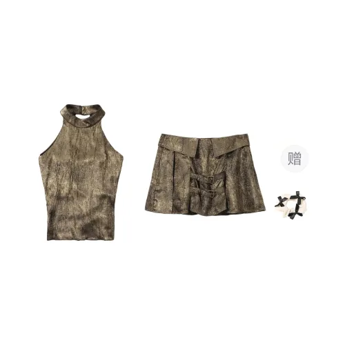 TURN UP Skirt Set Women's Set Vintage Gold Two Piece Set+Bowknot Hair Tie Comes With