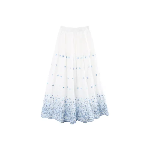 A Paradise For Awakening Casual Long Skirt Women's White With Blue Floral