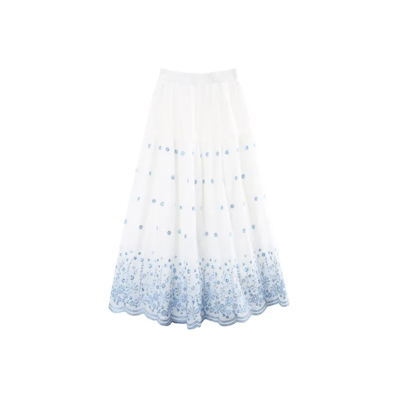 A Paradise For Awakening Casual Long Skirt Women's White With Blue Floral-0