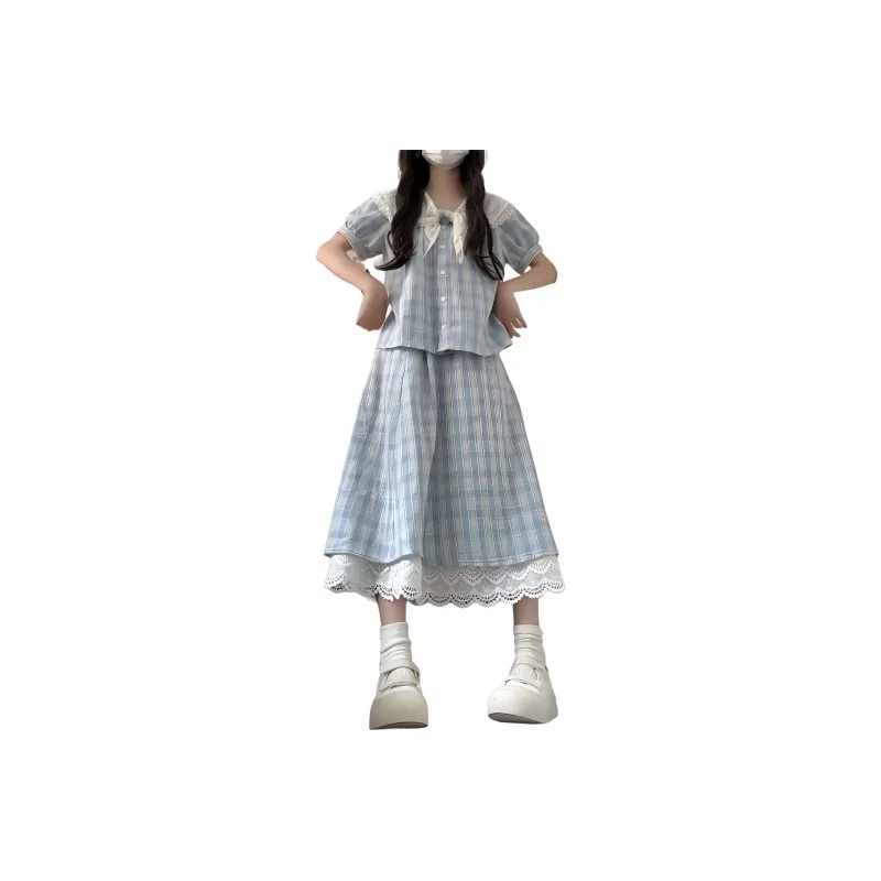 XIANSINIAO Two Piece Skirt Sets Women's Blue-0