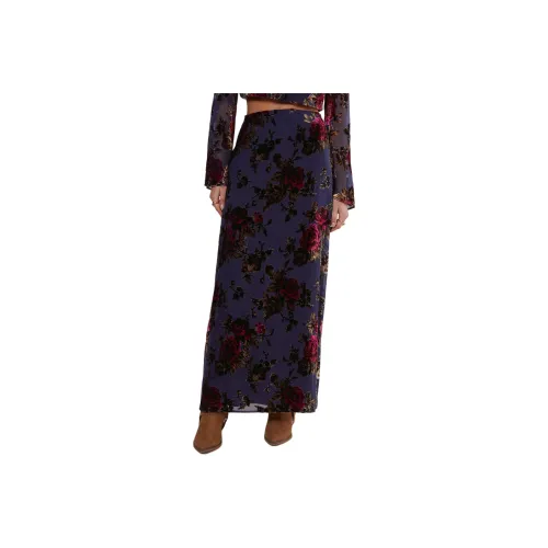 NASTY GAL Floral Devore Maxi Skirt Casual Long Skirts Women's Blue