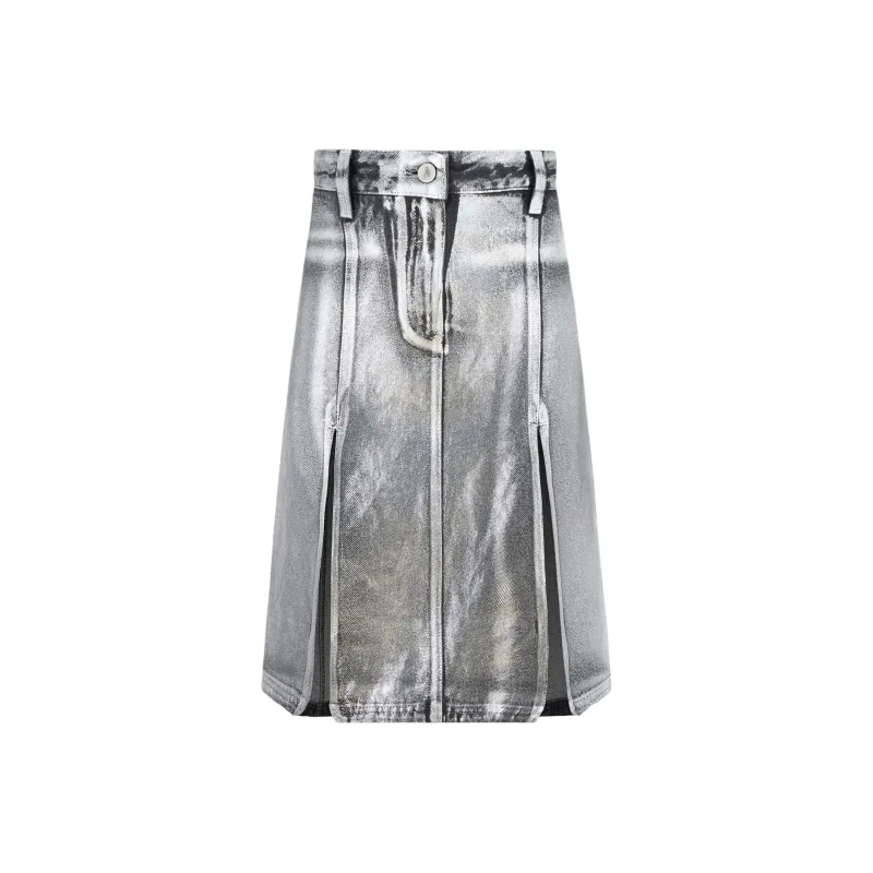 The Attico Side Slit Coated Denim Midi Skirt-0
