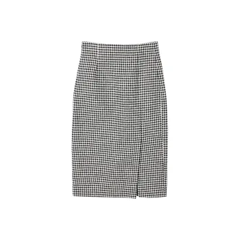 Yu Qianwen Casual Long Skirts Women's Black White Plaid