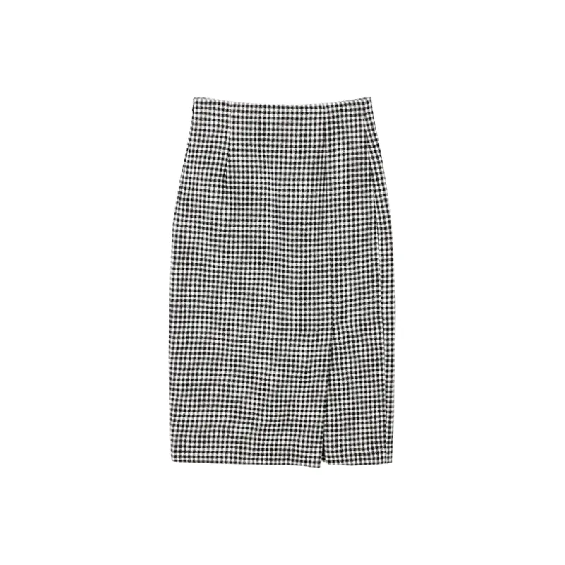 Yu Qianwen Casual Long Skirts Women's Black White Plaid-0
