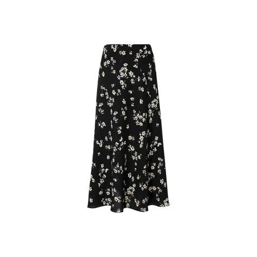 Hopeshow Casual Long Skirts Women's Black Background With Flowers