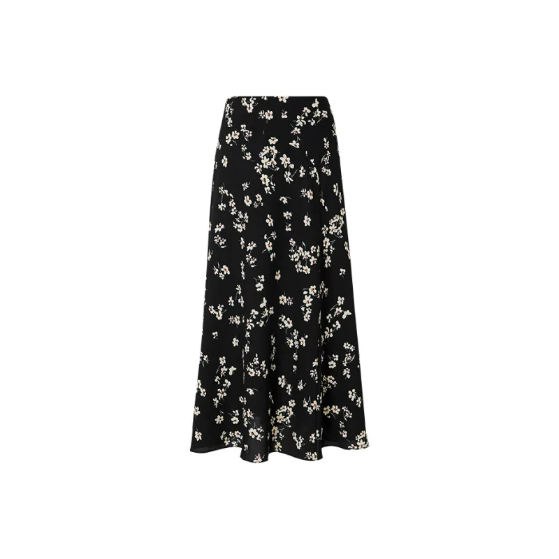 Hopeshow Casual Long Skirts Women's Black Background With Flowers-0