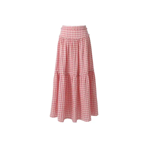 Rose Casual Long Skirts Women's Pink Plaid