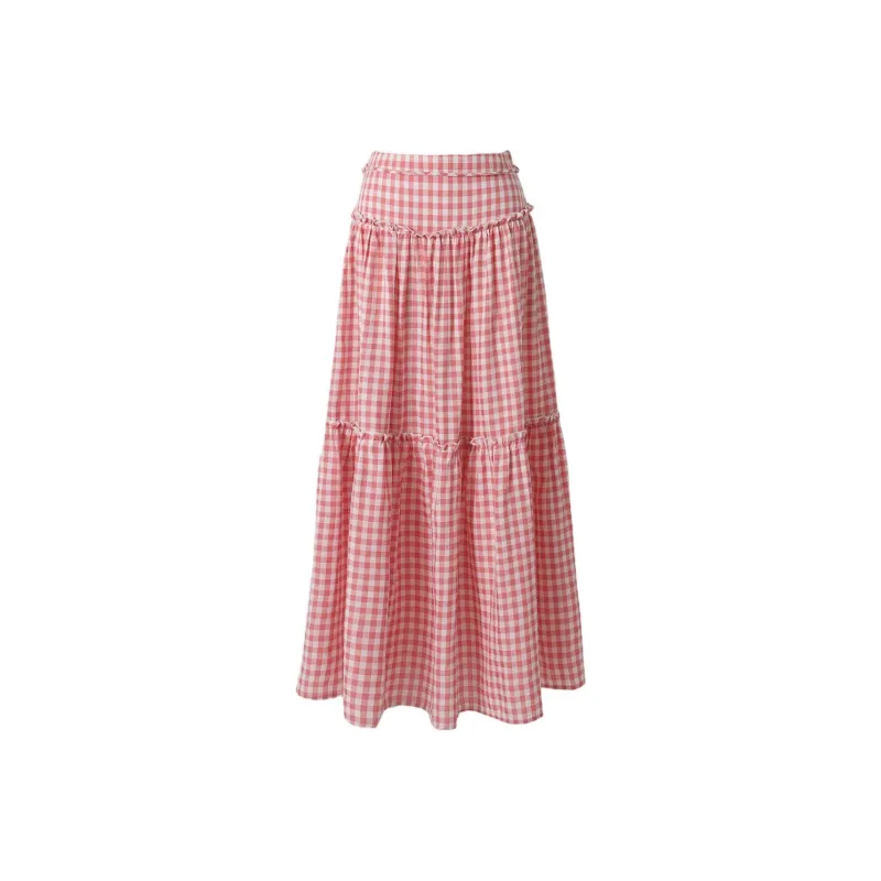 Rose Casual Long Skirts Women's Pink Plaid-0