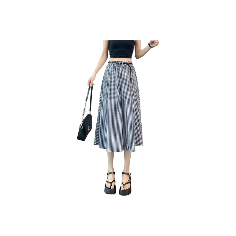 SITOL Casual Long Skirts Women's Black White Plaid-0