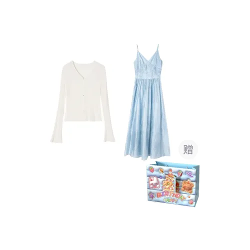 TWOPLUMGIRLS Skirt Set Women's White Cardigan/Blue Skirt