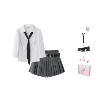 Tokyo Season Uniforms Women's Gift Box Set, White Shirt+Gray Pleated Short Skirt Pants With Belt+Tie+Hanger