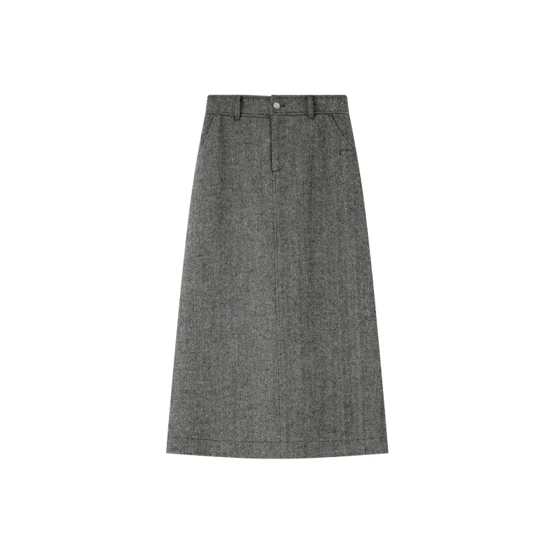 VIMLY Casual Long Skirts Women's Floral Black Herringbone-0