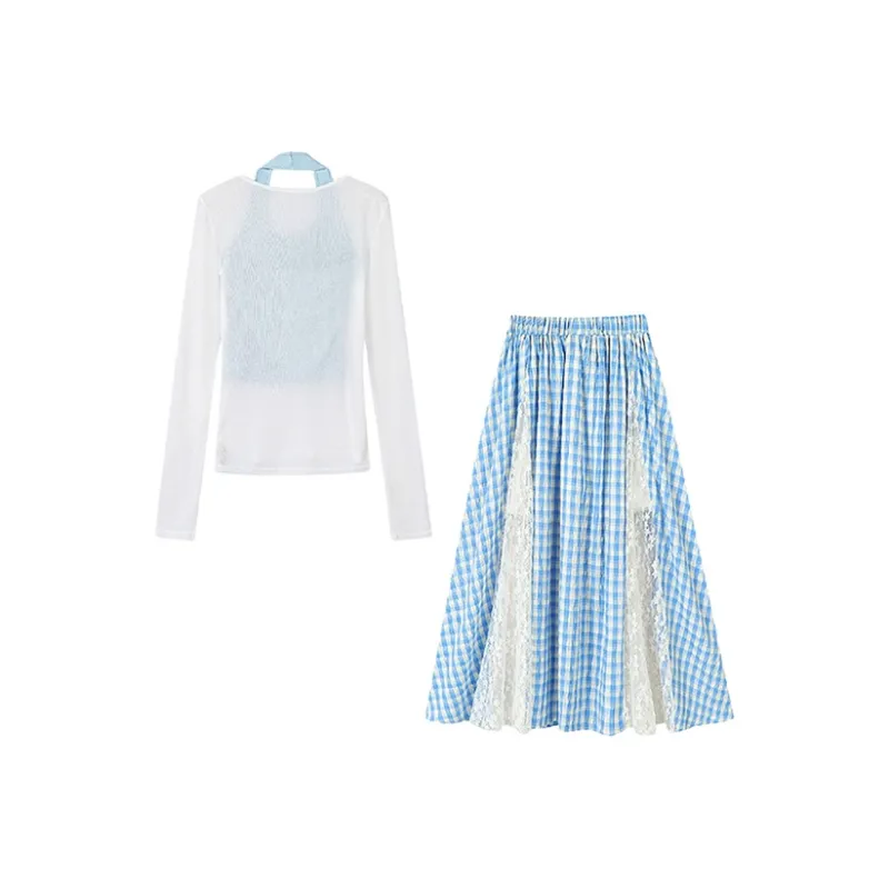 KYKW Two Piece Skirt Sets Women's White Cover Up+Blue Tank Top+Blue Skirt-1