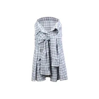 DeleteEX Casual Long Skirt Women's Gray Blue Plaid