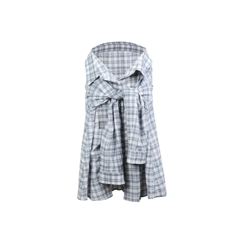 DeleteEX Casual Long Skirt Women's Gray Blue Plaid-0