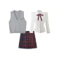 Gray Four-Piece Set (Gray Embroidery Vest+White Cinched Waist Shirt+Red and Blue Pleated Skirt+Red Bow Tie)