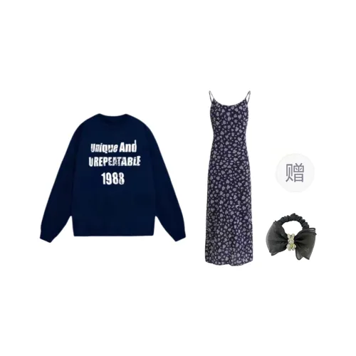 WUSHANSHAN Skirt Set Women's Navy Blue Two Piece Set+Hair Tie Comes With
