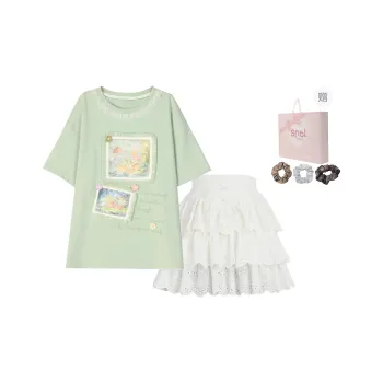 SNBL Skirt Set Women's Green T Shirt+White Skirt