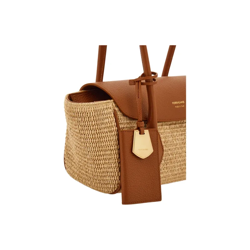 FERRAGAMO Raffia Shoulder Bag Trumpets Women's Natural Nude-4