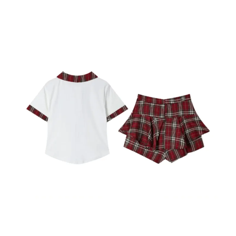 MISTVB Casual Suits Women's White Top+Plaid Skirt Set-1