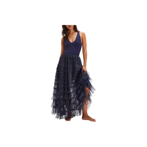 FREE PEOPLE Return Of The Ruffle Maxi Slip Skirt Casual Long Skirts Women's Pin Dot Navy Combo/Point Navy Combination