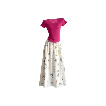TIBINB Two Piece Skirt Sets Women's Raspberry Top+Skirt, Two Piece Set