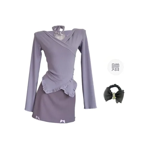 WUSHANSHAN Skirt Set Women's Purple Two Piece Set/Hair Tie Comes With