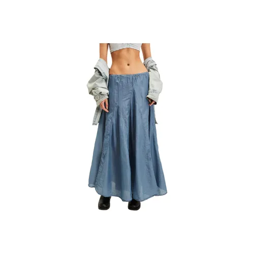 FREE PEOPLE Lily Cotton Silk Maxi Skirt Casual Long Skirts Women's Chambray