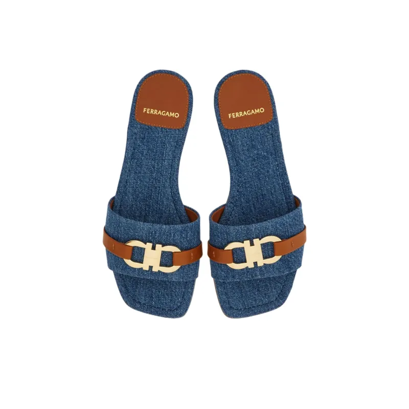 FERRAGAMO GANCINI Slide Slippers Women's Blue-2
