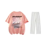 Clothing Set (Pink T-Shirt+White Heather Gray Casual Pants)