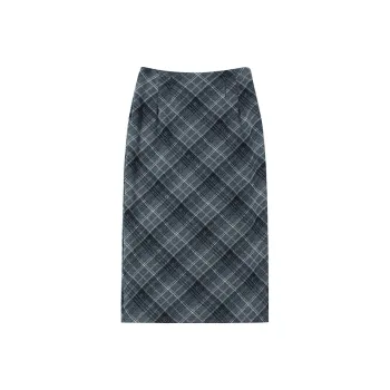 MM Casual Long Skirts Women's Blue Plaid