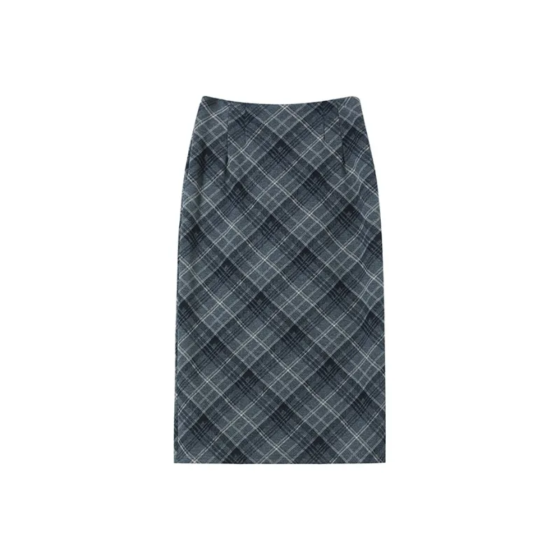 MM Casual Long Skirts Women's Blue Plaid-0