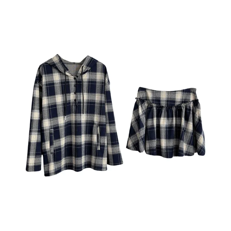 TUSHIFEI Skirt Set Women's Blue Beige Plaid-0