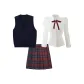 Navy Blue Four-Piece Set (Navy Blue Embroidery Vest+White Cinched Waist Shirt+Red and Blue Pleated Skirt+Red Bow Tie)