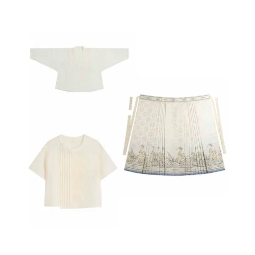 Double Seventh Hanfu Women's Sunset Glow Cross over Short Shirt+Three Friends Of Winter, Short Sleeved+Mamianqun
