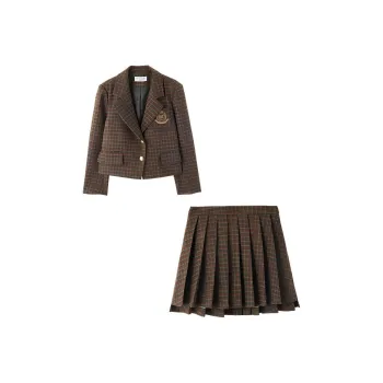 Mo Han Yi Mei Skirt Set Women's Green Coffee Plaid