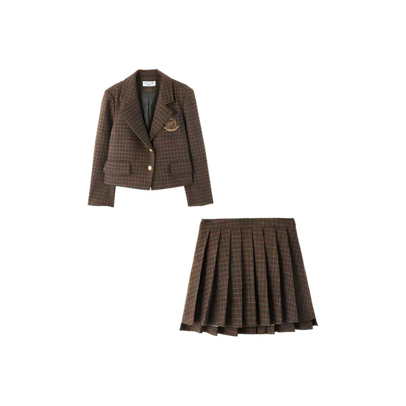Mo Han Yi Mei Skirt Set Women's Green Coffee Plaid-0