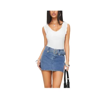 PRINCESS POLLY DOMINO MINI SKIRT Denim Short Skirts Women's MID BLUE DENIM/Medium Blue Washable
