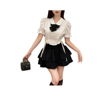 Garbege Dresses & Skirts Women's White Top With Bow Black Skirt Set