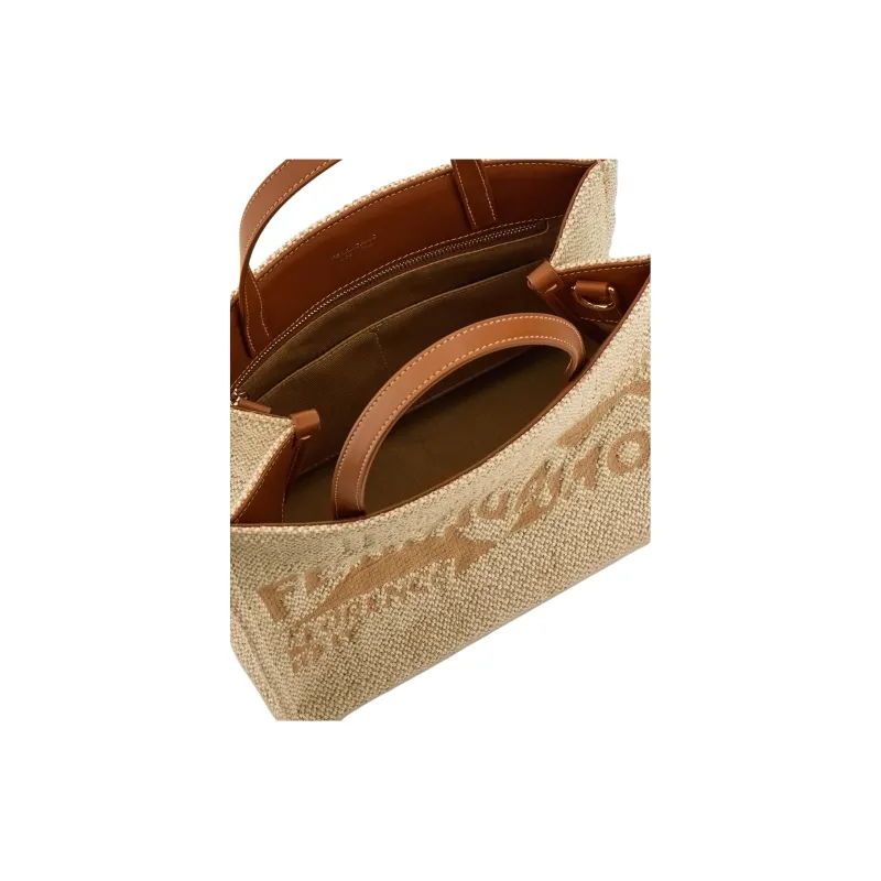 FERRAGAMO Fabric With Calfskin Tote Bag, Shopping Bag, Shoulder Bag, Handbag Medium Size Women's Camel & White-4