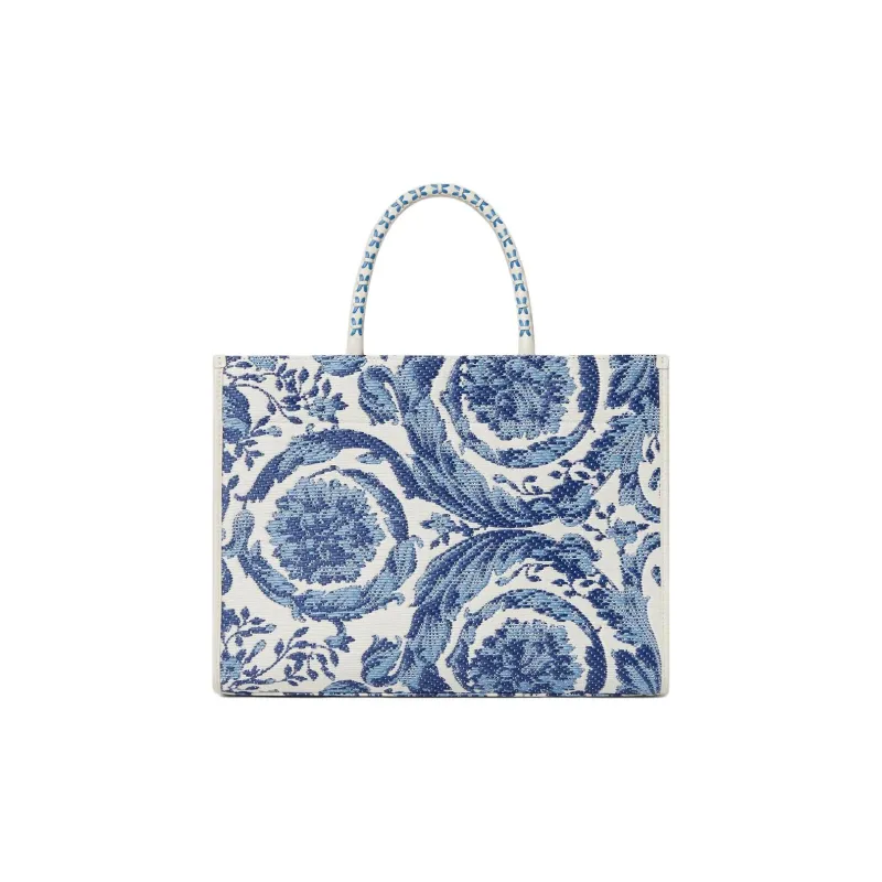 FANSIZHE Barocco Viscose Tote Bag, Shopping Bag, Crossbody Bag, Handbag Medium Size Women's Blue & White-2