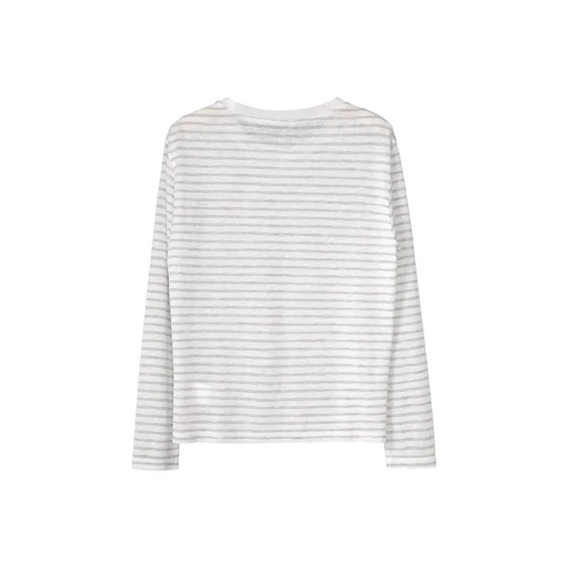 Fstudio Korean Style Stripes Loose Fit Thin Crew Neck Long Sleeved T Shirt Women's-5