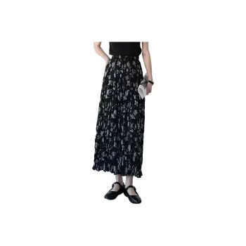 Wbwq Casual Long Skirt Women's Black Green Floral