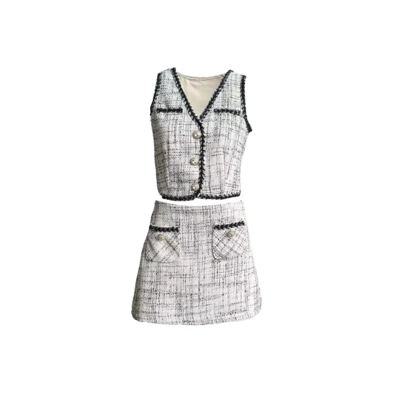 TORIGHT Skirt Set Women's Black White Plaid-0