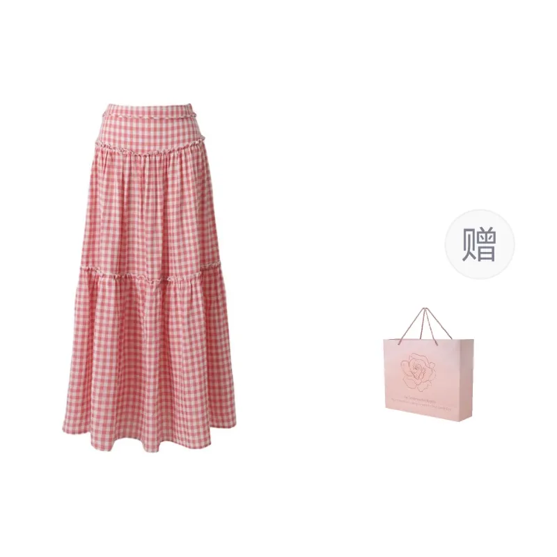 ZAZN Casual Long Skirts Women's Pink Plaid-0