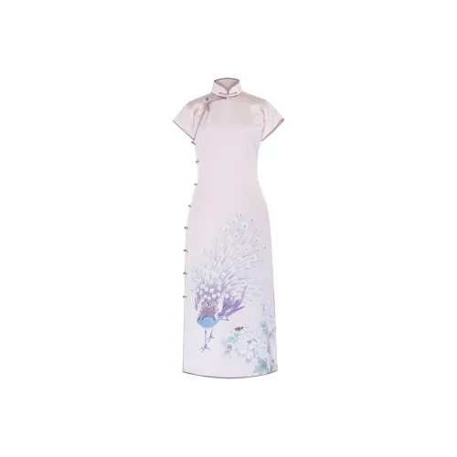 YICHENGFENGXU Cheongsam Women's Peacock Positioning Print