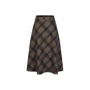 JZ. ANNAKRO Casual Long Skirts Women's Plaid Yellow Green